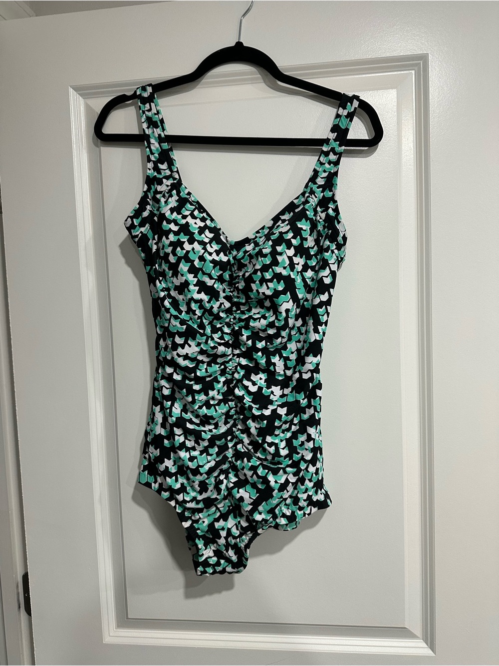 Shirred One-Piece Swimsuit in Black, White & Teal